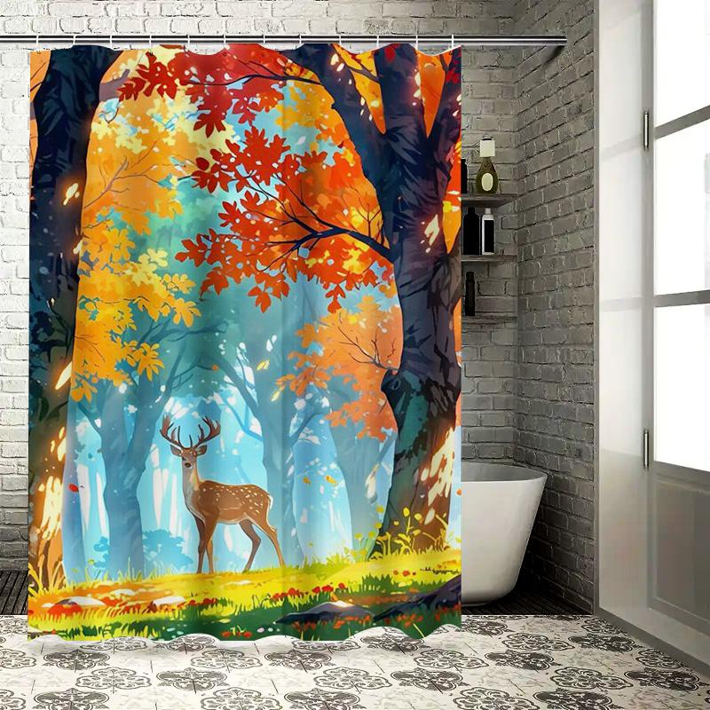 Autumn Forest Deer Design Waterproof Shower Curtain Heat Resistant Machine Washable Non-Transparent 180x180cm 90X180cm(35x70in)