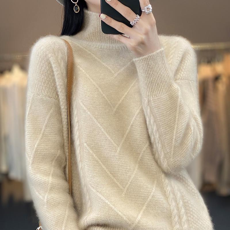 Women's 100% Wool Knitted Sweater - Autumn/Winter, Thick, Semi-High Neck, Lazy Style