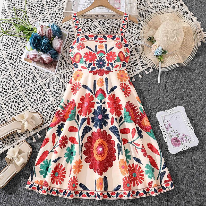 Girls Fashionable Dress for Summer, Children s Casual Printed Halter Top Dress 130cm=8Y красный