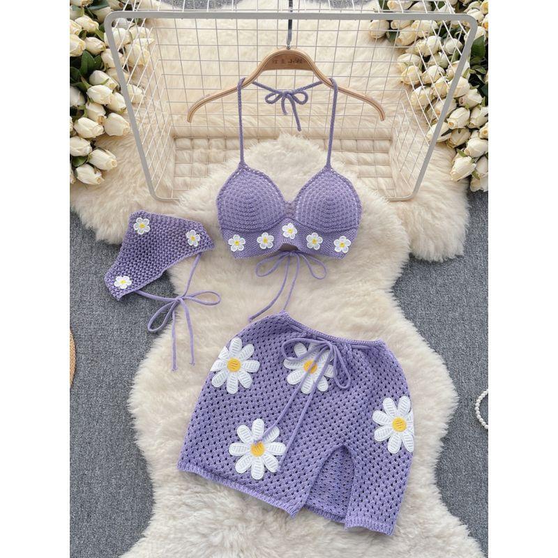 Seaside Vacation Style Bikini Small Flower Milk Sweet Three-Piece Suit