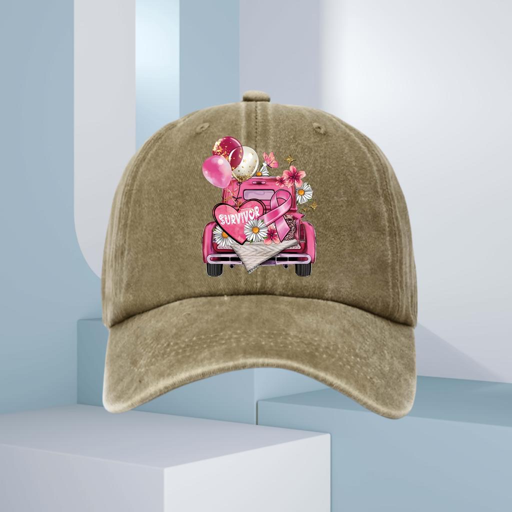 Breast Cancer Survivor Truck Graphic Baseball Cap Pink Ribbon Daisy Print Adjustable Casual Hat
