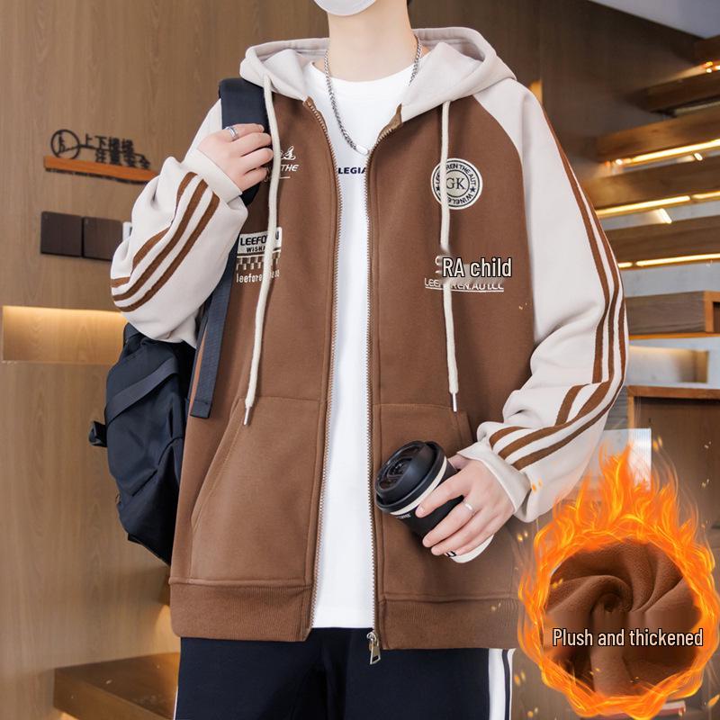 Autumn/Winter Cardigan Hoodie for Boys (Ages 13-16) - Stylish, Thick, Plus Velvet Outerwear