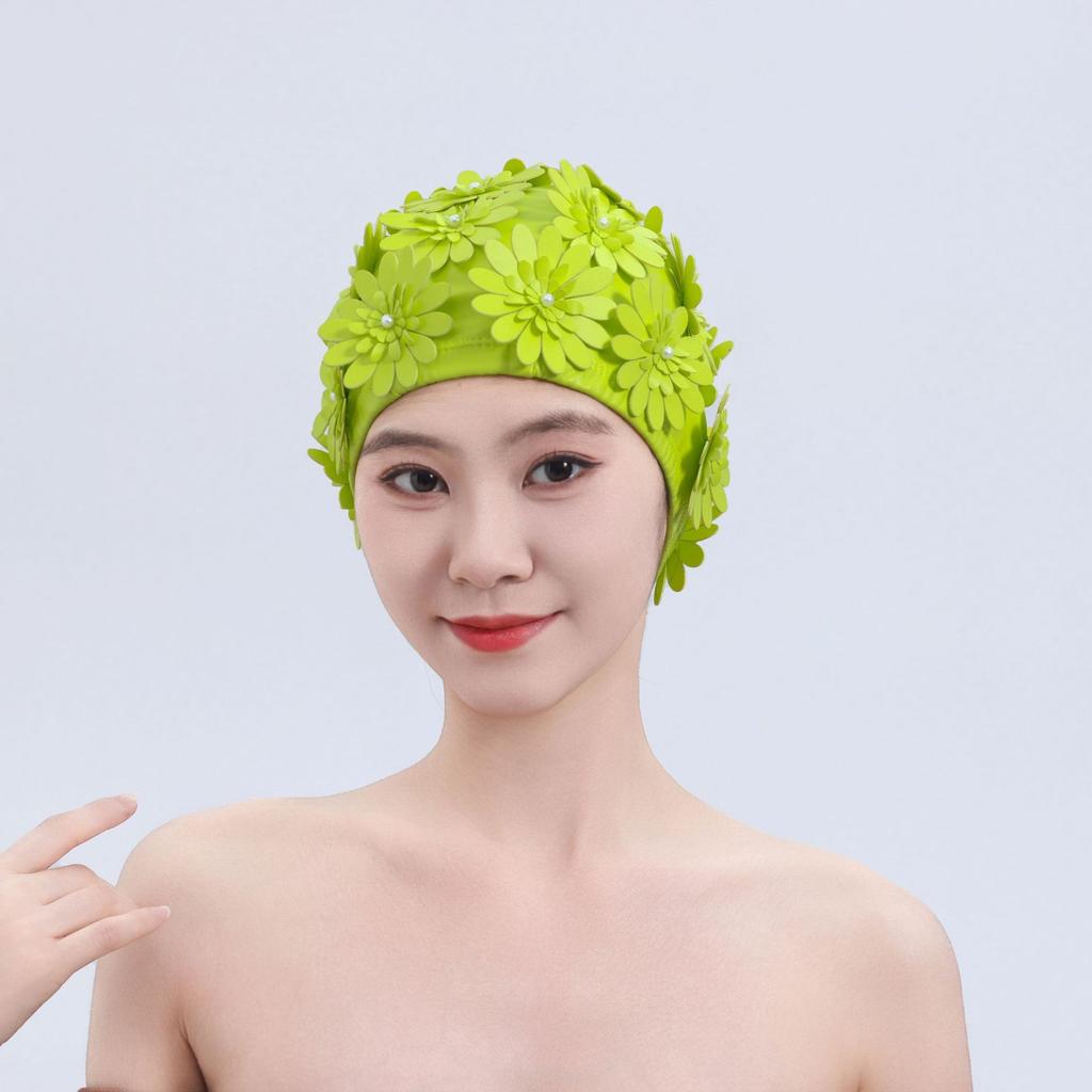 2026 PU Waterproof Swimming Cap Female Double Thickened Handmade Three-dimensional Single-layer Three-layer Flowers Fashion Female Swimming Cap