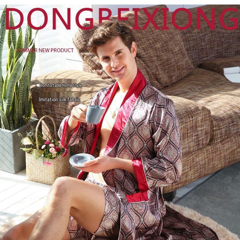 

Мужская Юката Большого Размера с Шелковистой Тканью: Легкий летний халат с длинным рукавом и пижама 5XL