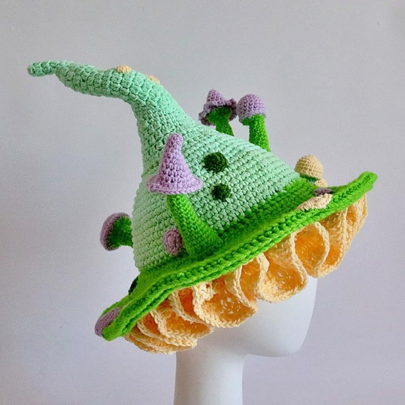 Halloween Knitted Fairy Hat with Mushroom Decor Wizard Hat Men Women Party Headgear Cosplay Hat Festivals Party Props