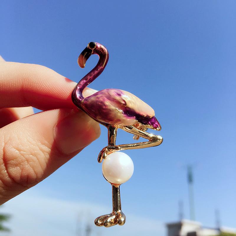 Cloisonné Flamingo & Pearl Brooch - Elegant Cartoon Pin Corsage