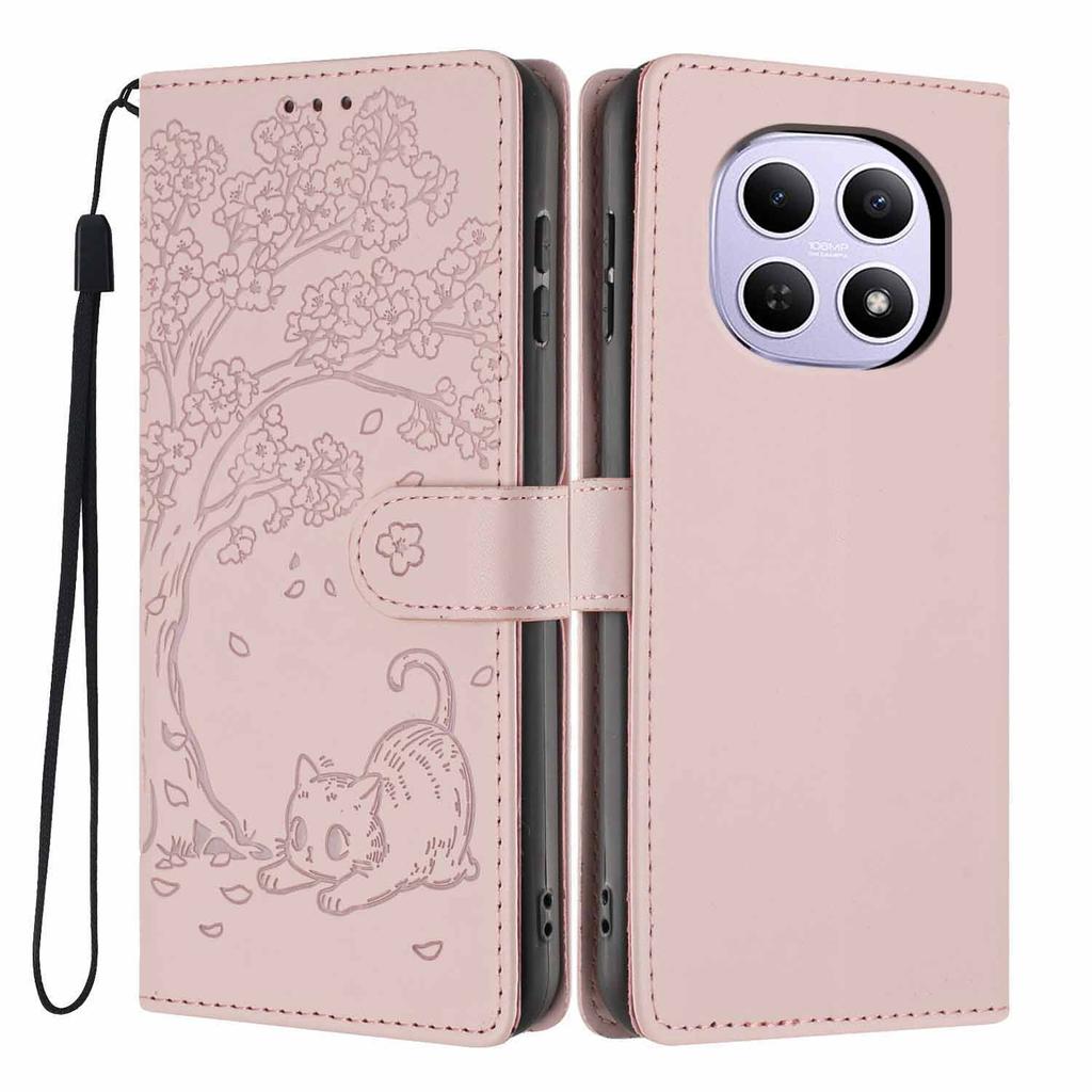 For Xiaomi Poco M8 5G/Redmi Note 15 5G (Global) Stand Case Tree-and-Cat Pattern PU Leather Wallet Protective Phone Cover with Wrist Strap
