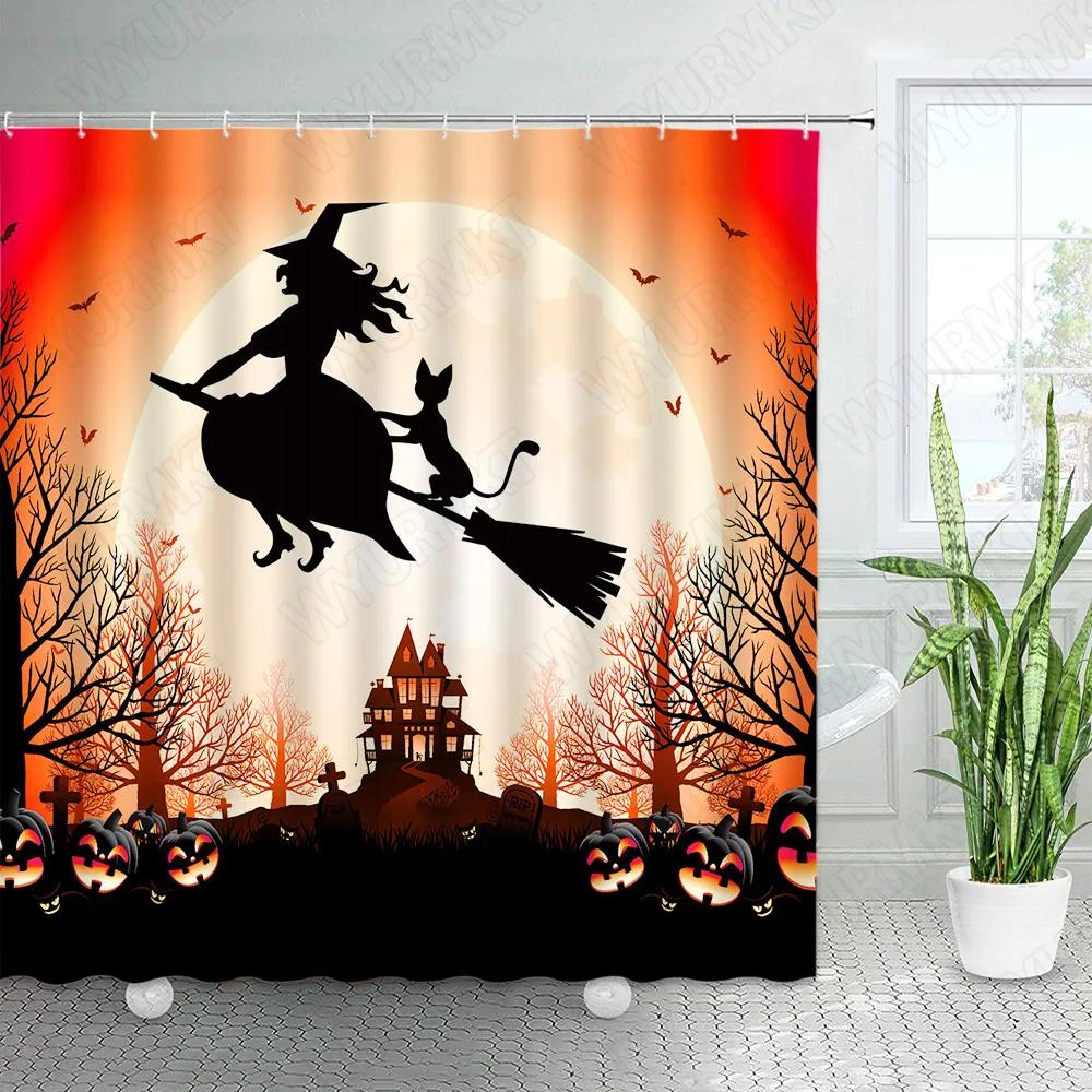 Hororová Halloweenská Sprchová Závěs Zábavná Dýně Čarodějnice Černá Kočka Mrtvý Strom Hrad Noční Scenérie Látka Koupelnová Dekorace Sprchové Závěsy