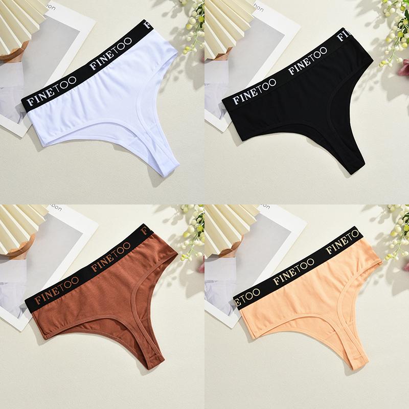 FINETOO 4Pcs Women Cotton Thongs Panties Female Ribbed High Rise G-String Ladies Sexy Bikini 6 Solid Color Girl Soft Intimates