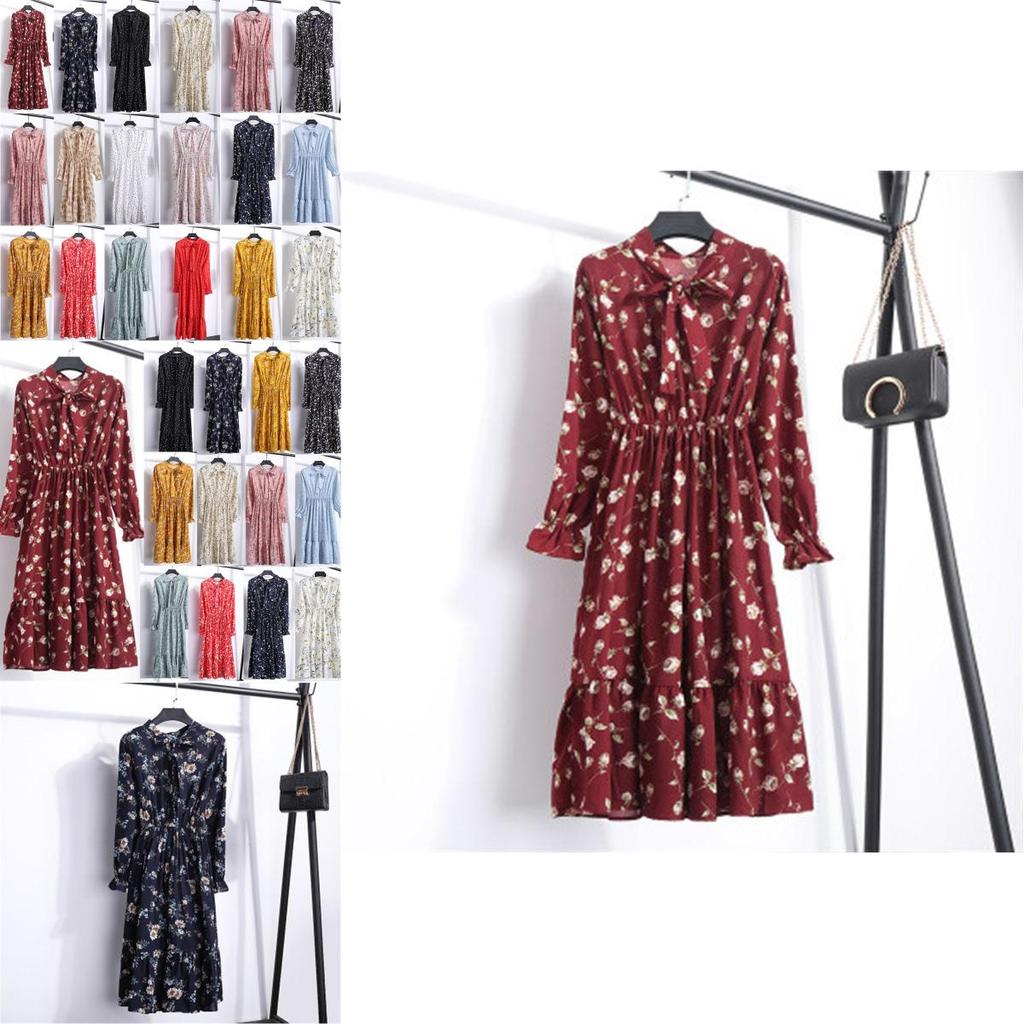 Elegant Floral Chiffon Long Sleeve Casual Vintage Boho Maxi Dress For Women