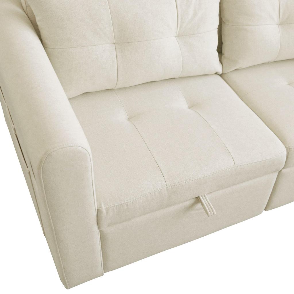 Sofa Bed with Storage Box 2-seater 3-in-1 Sofa Bed Foldable Adjustable Backrest USB Ports Armrest Pockets Beige 142x85x83 Cm