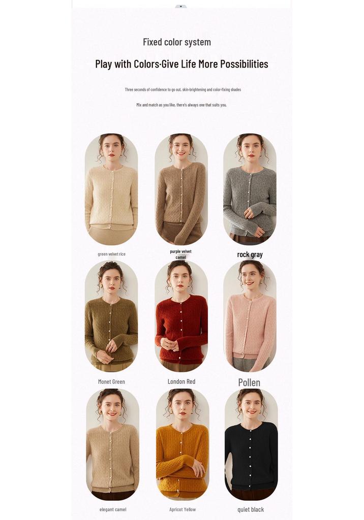 2024 Autumn/Winter Women's Round Neck Cashmere Cable Knit Cardigan - Korean Style Loose Slimming Coat