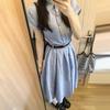 Large Size French Blue Striped Shirt Dress Summer Fat MM Literary Retro POLO Collar Thin Waist Dress
