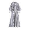 Women's New European and American Style Fashion with Belt Striped Midi Dress