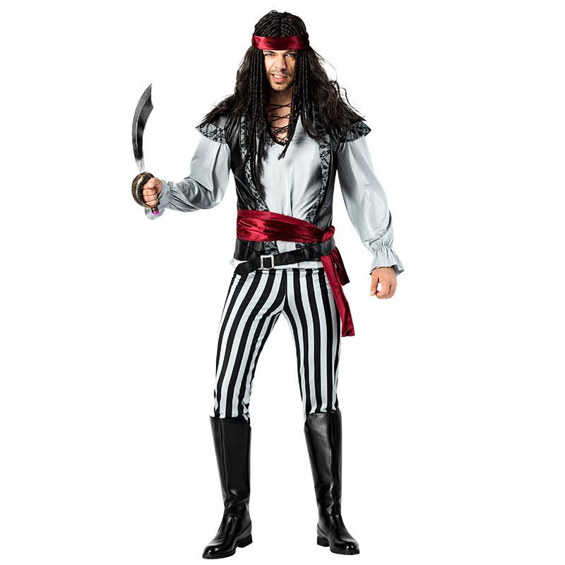Fashionable Fabric Polyester Black And White Pirate Costume For Men Great For Halloween And Events