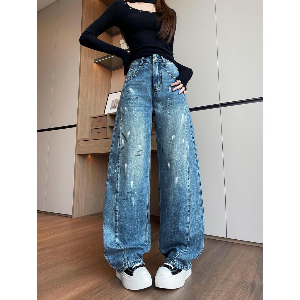 Women's Ink Splash Paint Graffiti Wide-Leg Jeans, 2026 Spring/Autumn High Street Style, Loose Straight-Leg Pants