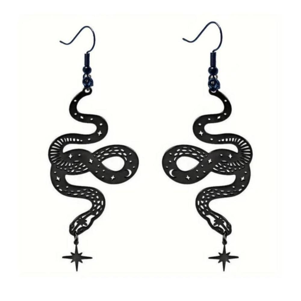 Retro Personality Black Stainless Steel Hollowed-out Pattern Snake Pendant Dangle Earrings for Women Street Hip-hop Jewelry Gift