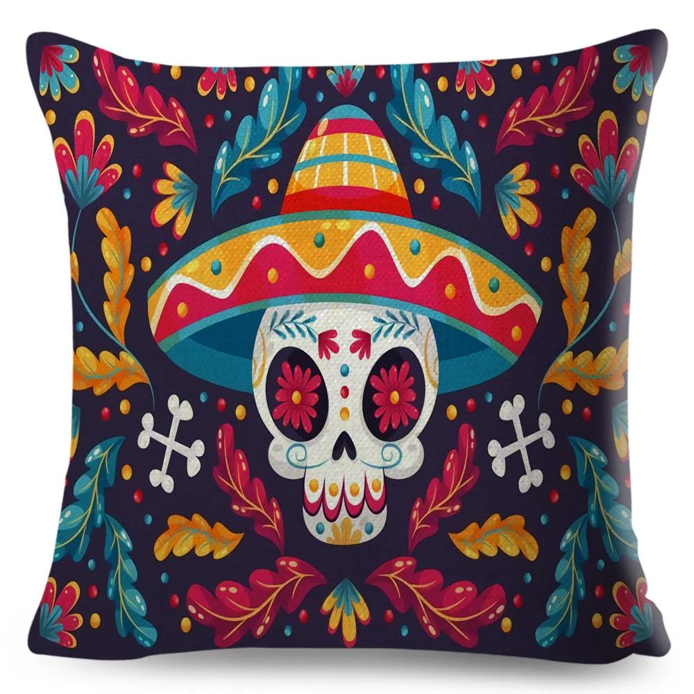 Day Of The Dead Pillowcase Decor Cartoon Mexico Flower Skull Print Cushion Cover for Sofa Home Polyester Pillow Case 45x45cm