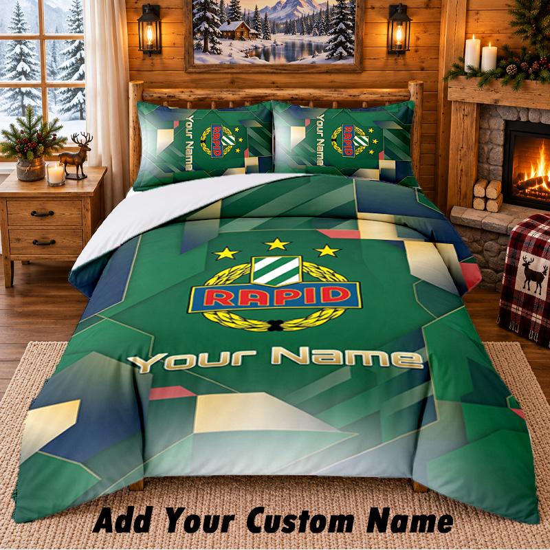 Rapid Wien FC Pattern Bedding 3Pcs Set Custom Name, Bed Sheet And Pillowcases For Home Bedroom