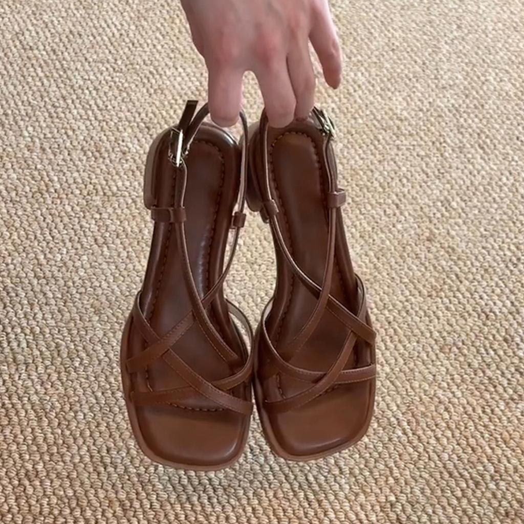 Sheepskin version~ Retro cross-strap, thin strap, soft sole, thick heel, Roman shoes, women's open toes, stepping on shit sandals