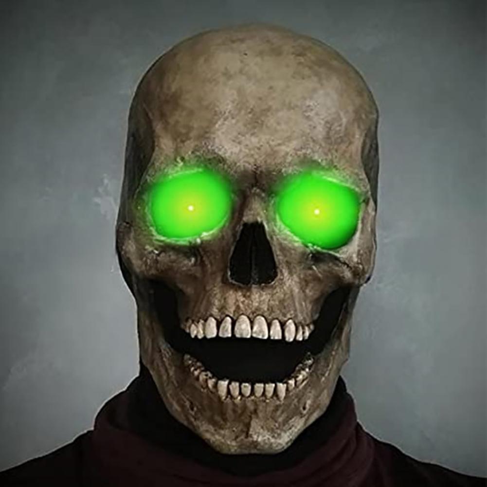 Halloween Animated Talking Mask Glowing Green Eyes Skull Mask Animated Moving Jaw Skull Realistic Halloween Prop Full Head Halloween Skull Mask
