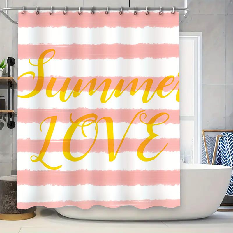 

Шторка для душа в полоску розово-белая из мягкой ткани водостойкая летний принт с сердечками декор для ванной комнаты подвесной стержень душевые панели водостойкий 90x180cm