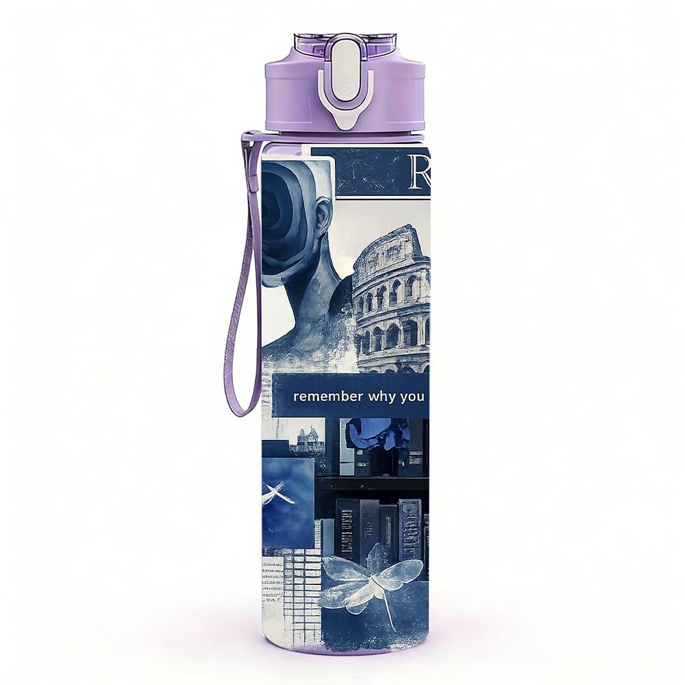 1PC Blue Tone Vintage City Collage Print 750ml Color Plastic Sports Water Bottle Leakproof Flip Straw Lid Suitable for Sports Office Home Use
