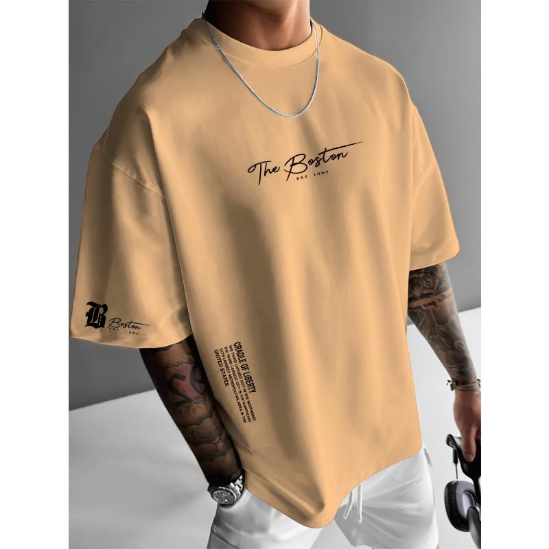 ETST46 Zomer Nieuw Mannen Casual Los Kort Gebreid Rond Hals T-shirt Boston 1997 Bedrukt Patroon Buiten Fitness Polyester Vezel Top 2XL