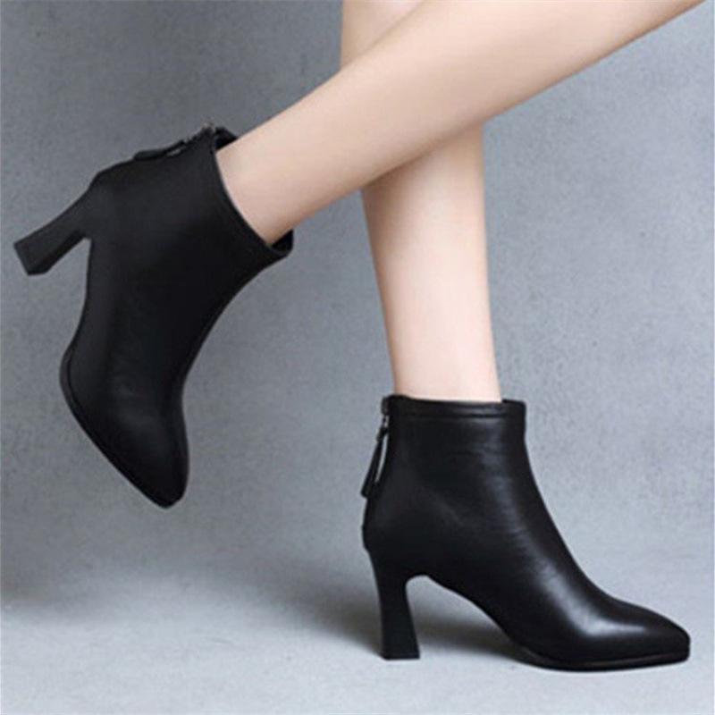 Spring, autumn and winter new soft leather high heels velvet Martin boots factory women's shoes temperament thick heel short boots single boots