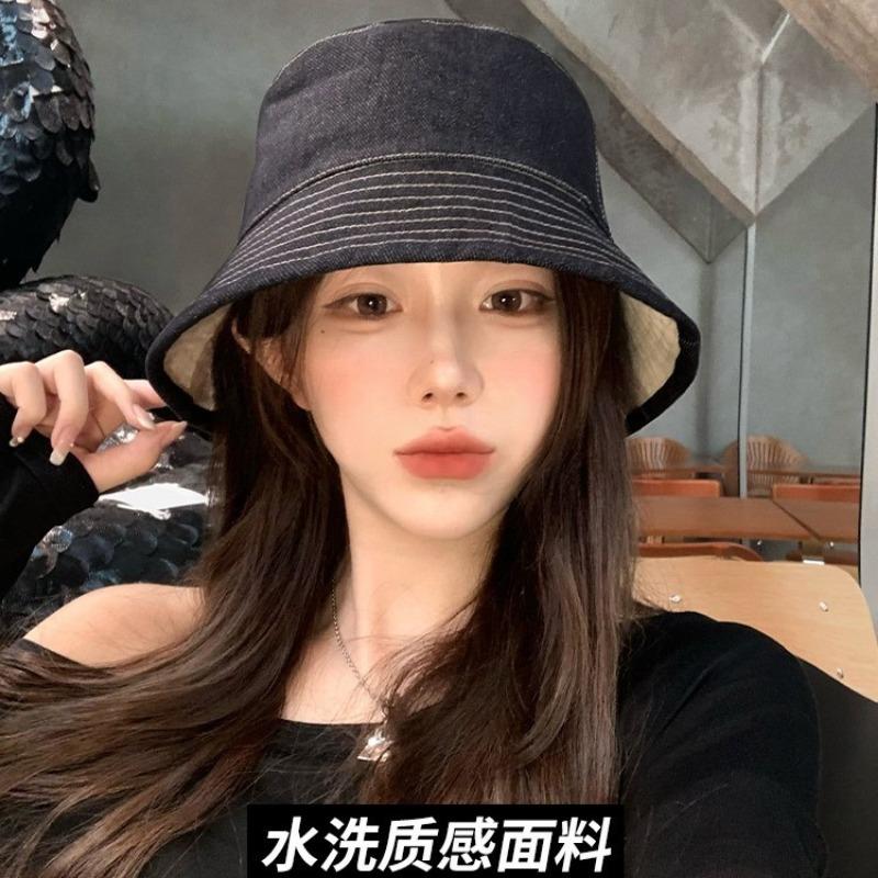 Double-sided Bucket Hat Women's Autumn Retro Denim Plain Face Small Versatile Sun Hat Advanced Sense