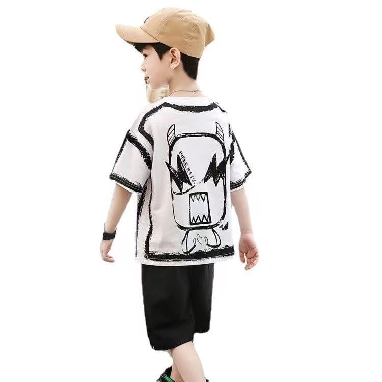 Summer Sports Set Casual Boys Cotton Contrast Alphabet Graffiti T-Shirt Top+Shorts Pant Set School Kids Tracksuit Child Two Piece Set