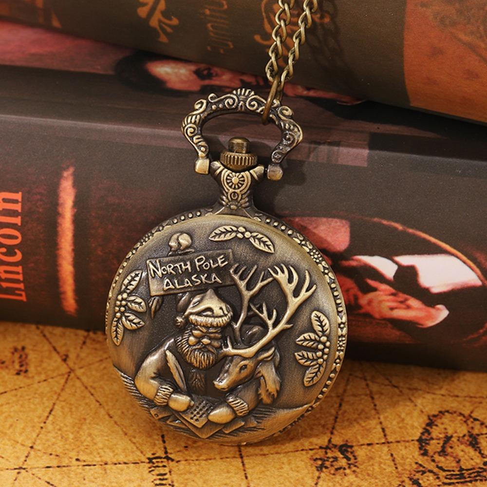 2 pezzi/set, Orologi da tasca da donna, Classico alla moda Babbo Natale Renna Orologio da tasca al quarzo, Collana a catena moda natalizia vintage Orologio da donna.