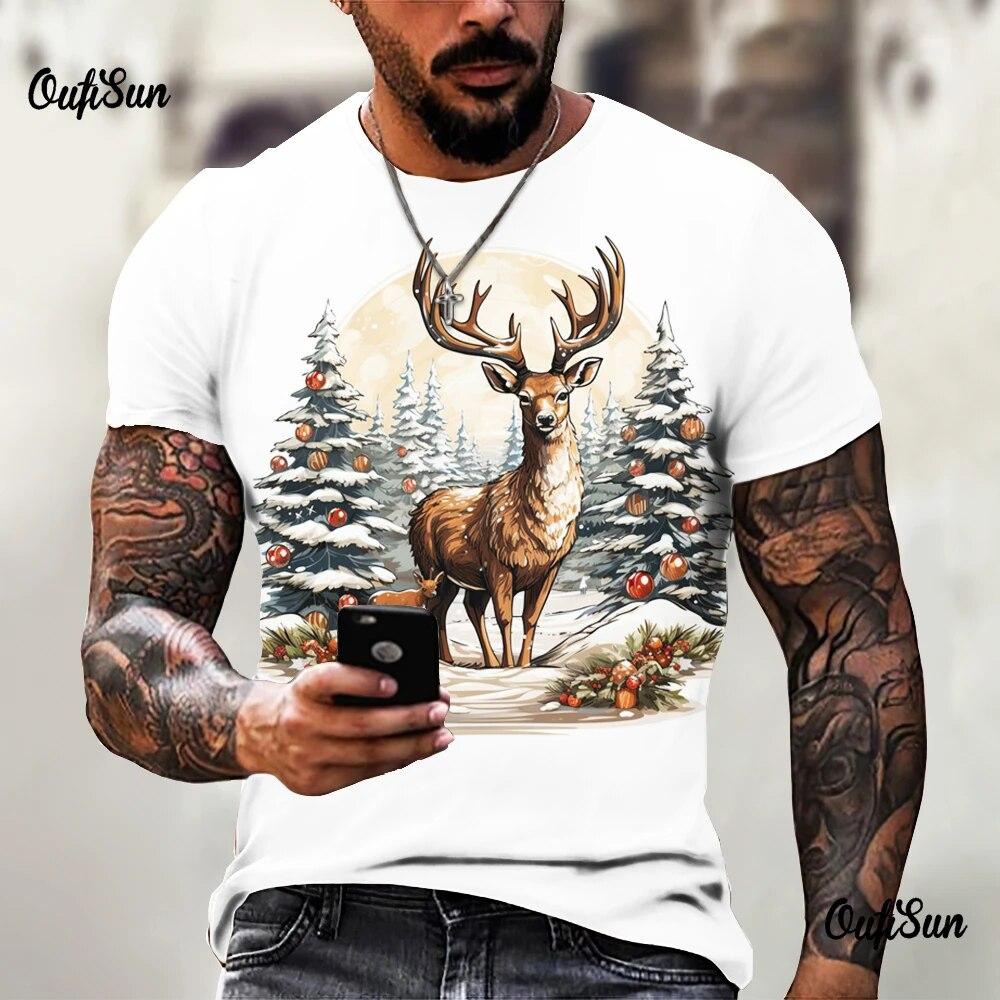 Vintage Elk 3d Printing Summer Short-Sleeved T -Shirt Men Casual Round Neck Pullover Oversized Men's T-Shirt Clothing