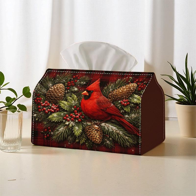1pc 2D Flat Printed Christmas Cardinal, Pinecone, and Holly Pattern Tissue Box, Suitable for Family Gatherings, Holiday Decorations, Restaurant Arrang