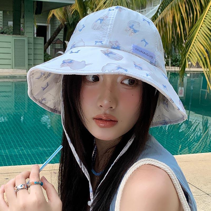 Cute and Sweet Lace-up Fisherman's Hat Children Summer Shading and Sun Protection Big Head Circumference Foldable Outdoor Outing Basin Hat Tide