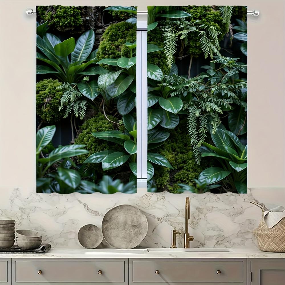 2pcs Natural Green Forest Print Curtains - Machine Washable Polyester, Semi-Transparent with Vibrant Moss & Foliage Design for B
