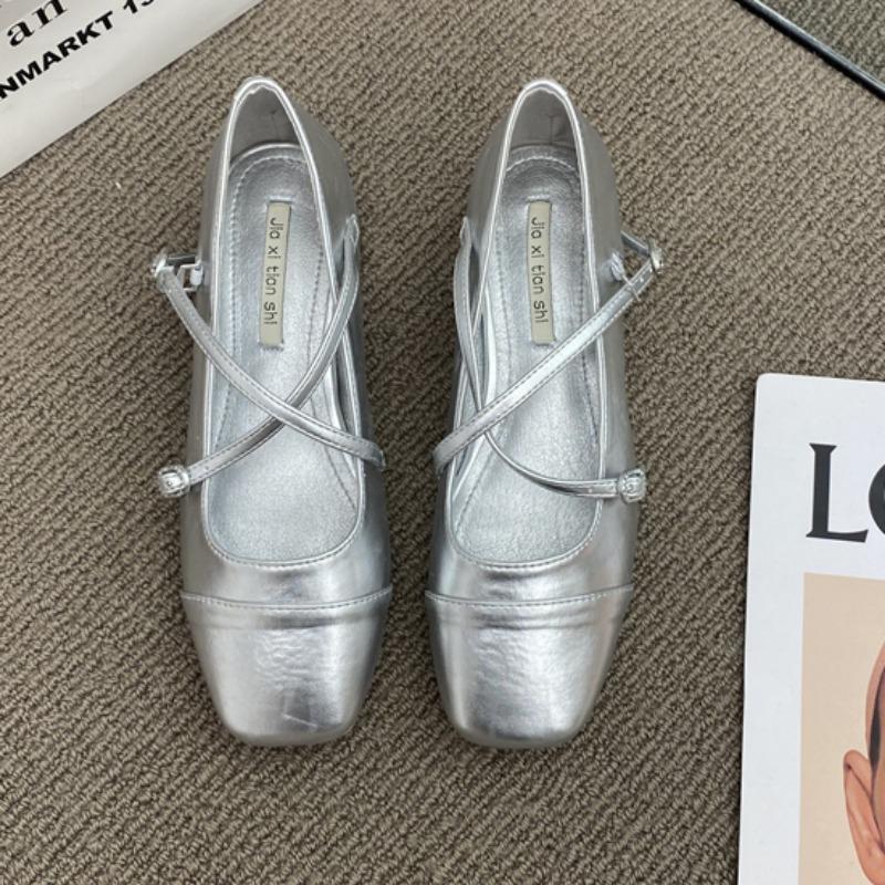 Fashion Medium Heeled Mary Jane Single Shoes   New Women Shoes Retro Thick Heeled Ballet Shoes Cross Buckle Shallow Soft Sole Shoe