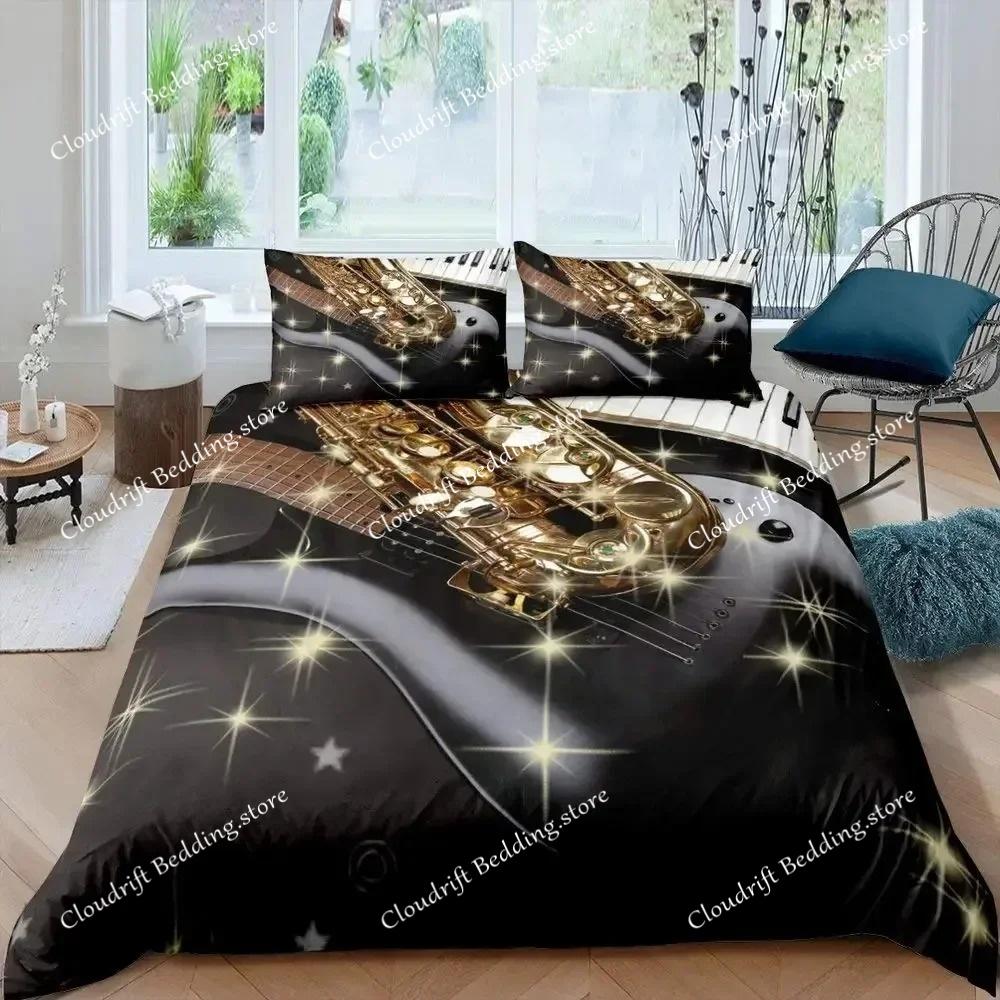 Saxophone Duvet Cover Set Rotating Musical Notes Bedding Set Musical Instrument Retro Jazz Music Twin 3D Quilt Cover for Kids
