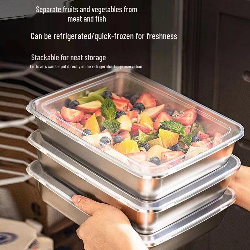 Stainless Steel Square Tray with Lid and Magnetic Fresh-Keeping Box for Household Use