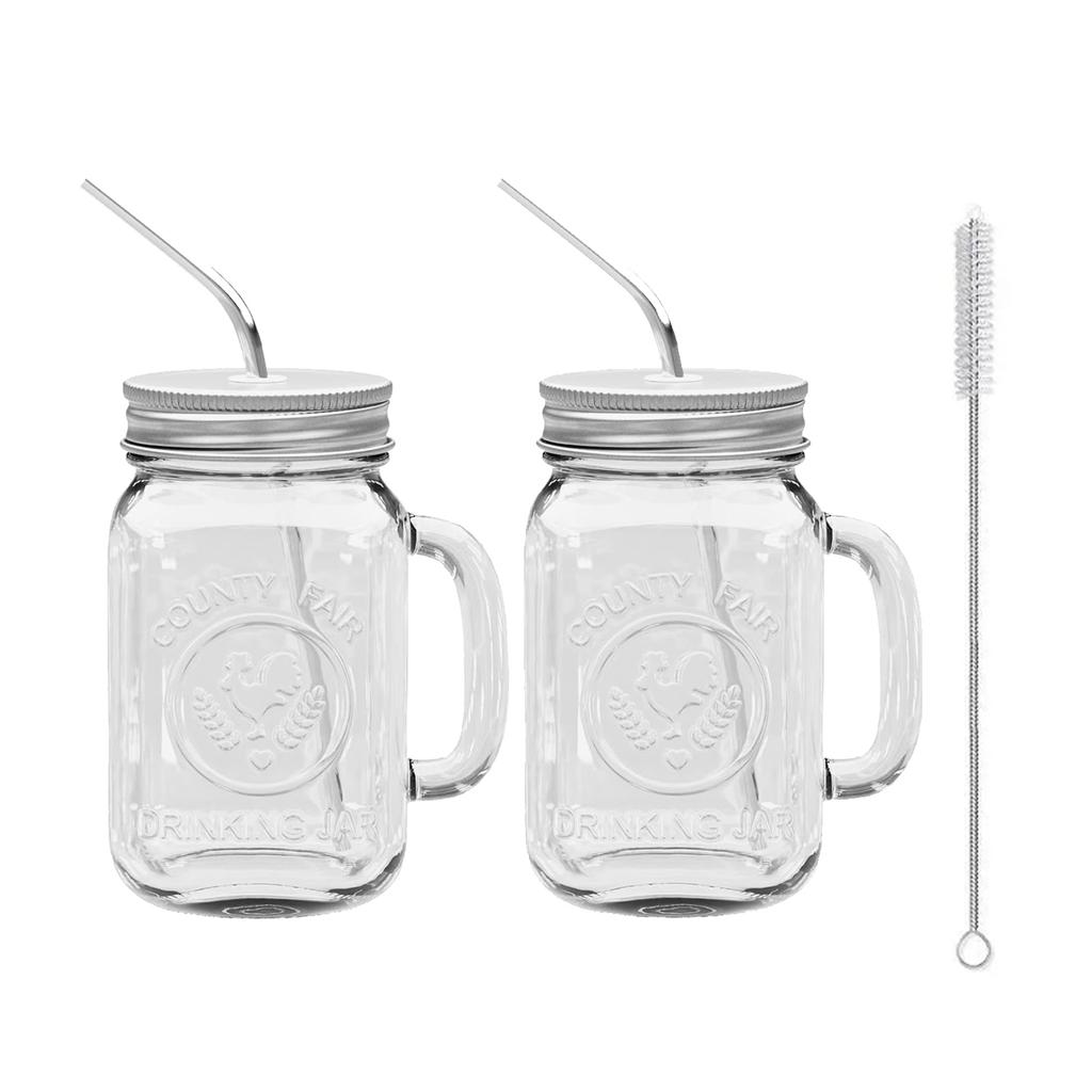 Sada 480ML zavařovacích sklenic s uchem Čtvercová skleněná sklenice s víčkem a brčkem Na studené nápoje Džus Zavařovací sklenice Sklenice na pití Nápojové sklo