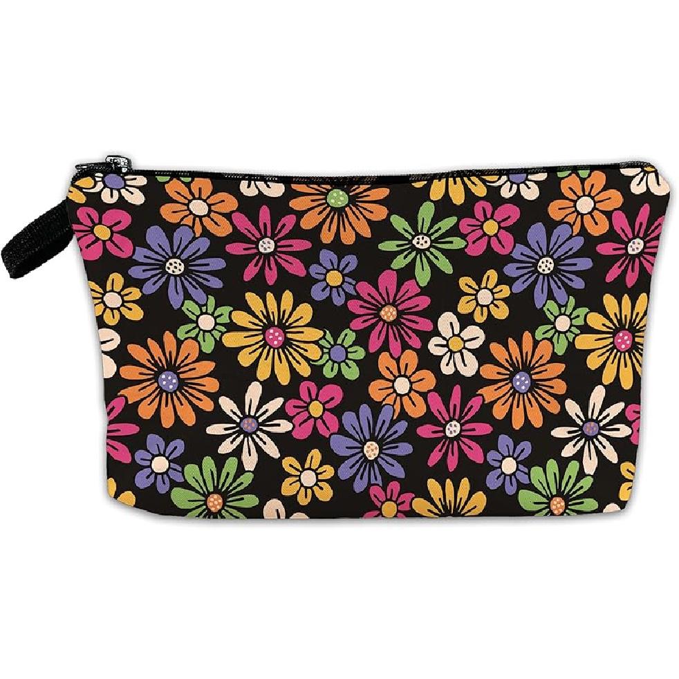 White Flower Floral Makeup Cosmetic Bag Blue Aesthetic Pouch Organizer Small Compact Cute Travel Mini Portable Beauty Toiletry Make Up Brush Storage