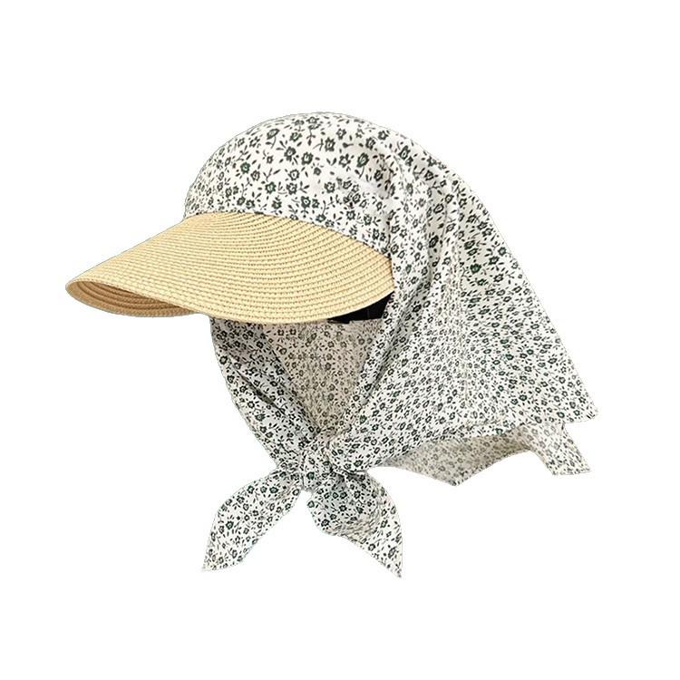 Women's UV Protection Straw Hat with Integrated Headscarf & Neck Cover for Outdoor Cycling & Travel
