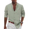 Spring Autumn Top Standing Collar Men's Clothing Solid Color Long Sleeve Button Men's Cotton Linen Shirt