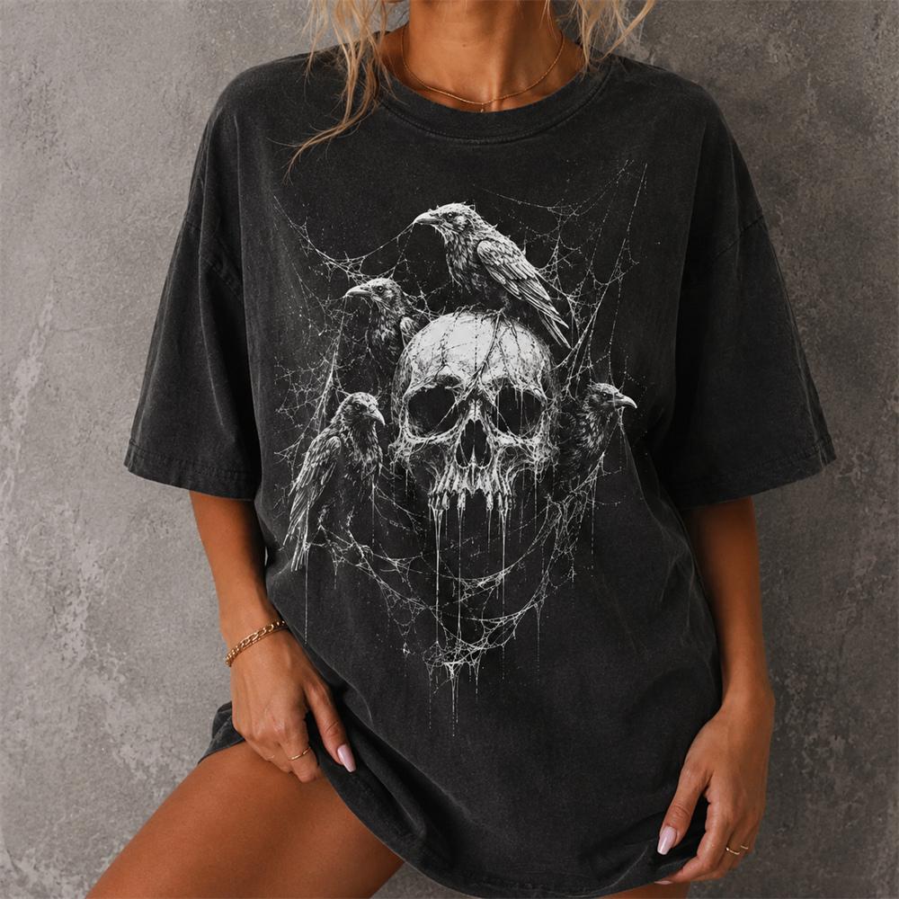 Halloweenowa Gotycka Koszulka z Duchem Męska Damska Vintage Czarna Oversize z Nadrukiem 3D T-shirt z Graficznym Czaszką Krótki Rękaw Casualowa Streetwear Góra