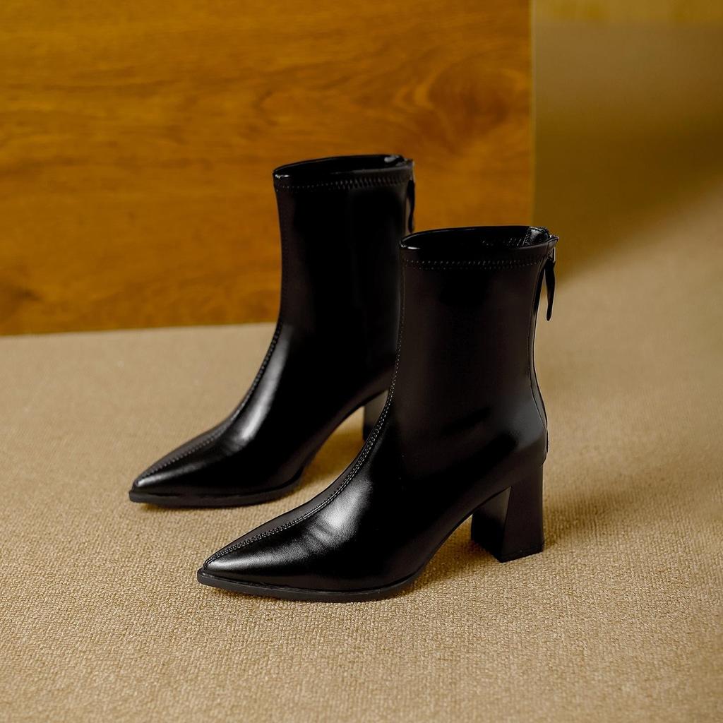 Winter 2025 Fashion: Women's Pointed Toe Chunky Heel Ankle Boots - Soft Leather, Comfy, Elastic Fit with Back Zipper