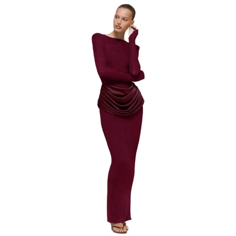 Autumn and Winter New Solid Color Temperament Celebrity Long-sleeved Slim-fitting Pleated Hip-wrapped Dress