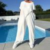 Women's Irregular Asymmetrical Short Sleeve Long Top Wide Leg Pants Two Piece Linen Blend Casual Outfit Set