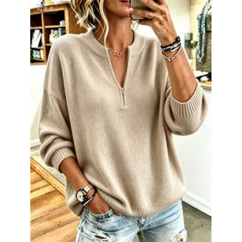 VEZFAA Women's Fashion Casual Fall Winter Solid Color Print Long Sleeve V-Neck Sweaters