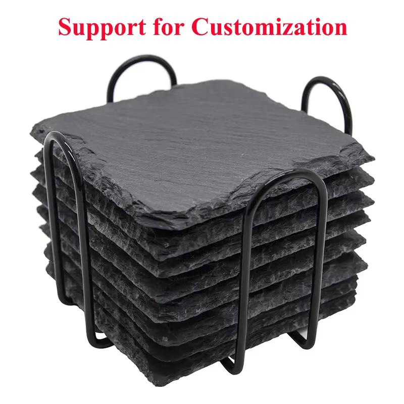 12pcs Stone Coasters Black Square Slate Drink Coasters for Cups Bar Mugs Glasses Kitchen Cup Mat Insulation Cup Mug Rock Coaster