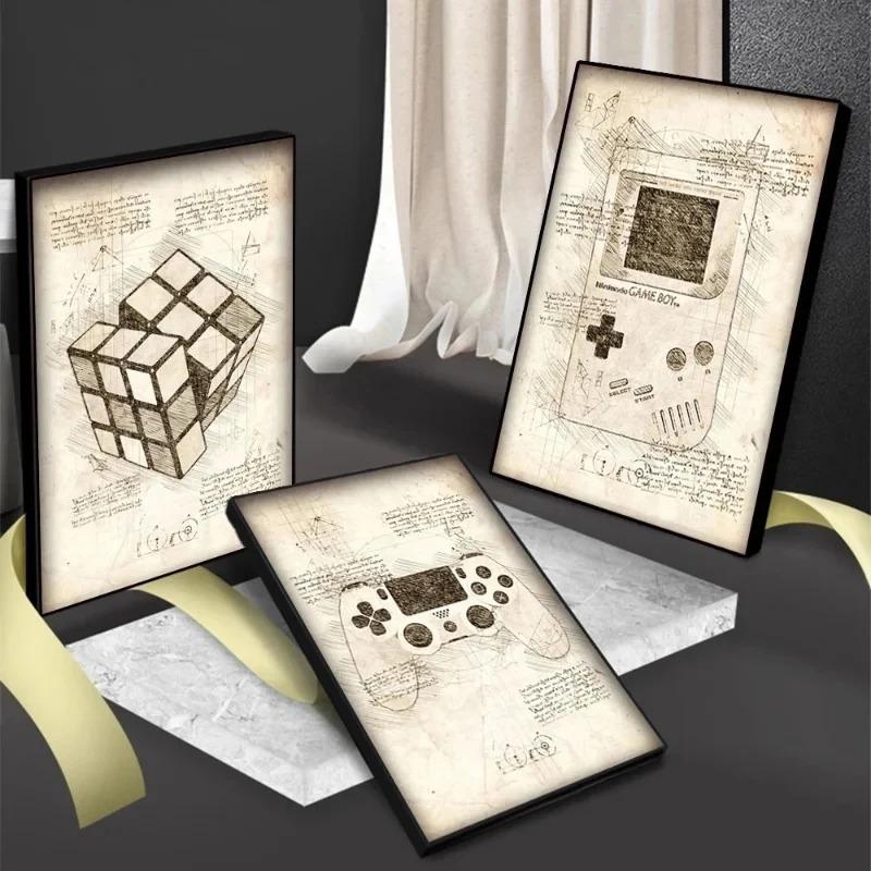 Retro Kunst Von Da Vinci Inspirierte Skizzen Poster Gitarre Vitruvianischer Mann Taschenuhr Spielekonsole Leinwandmalerei Bilder Heimdekor